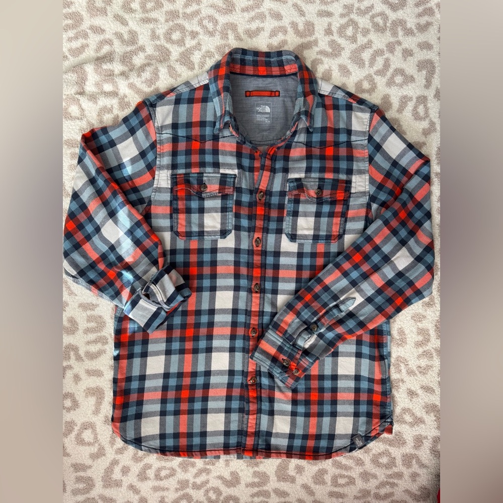 The North Face Orange and Blue Flannel Plaid Men's Shirt 100% cotton, medium